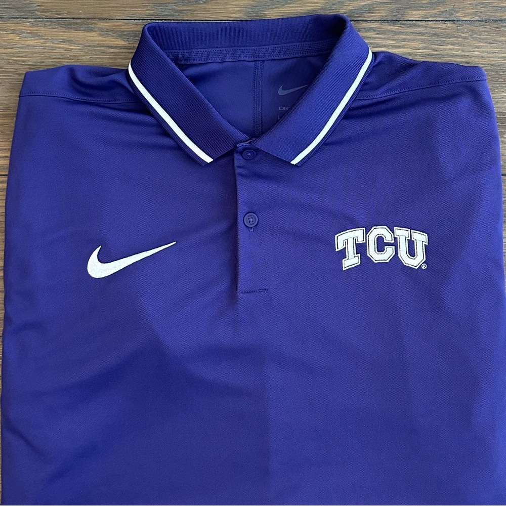 Nike Dri Fit Embroidered TCU Frogs Deep Purple Polo Shirt Size L Gently Worn
